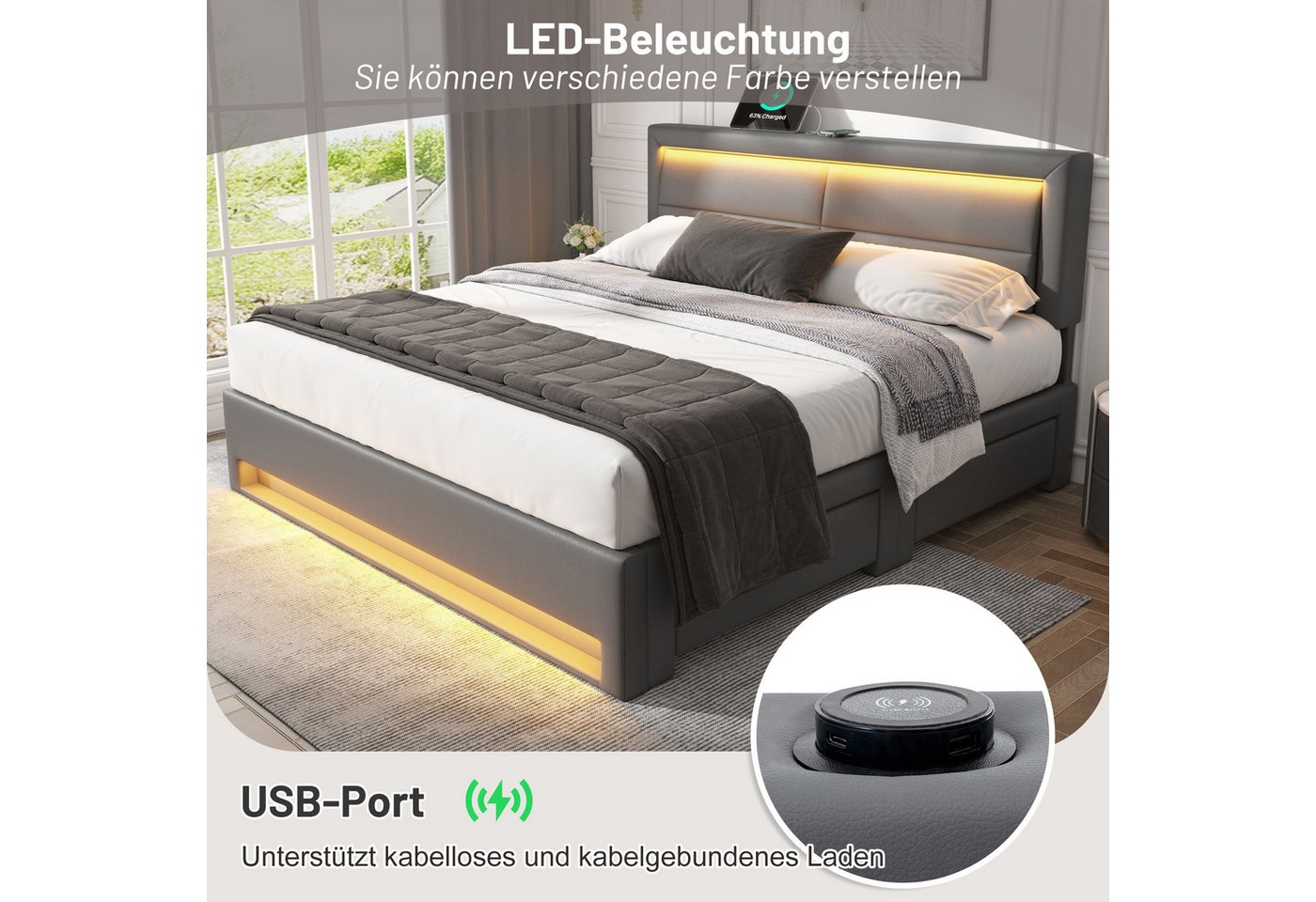 Flieks Polsterbett, LED Doppelbett 140x200cm mit USB-Anschluss und 4 Schubladen – Bild 3 von 5