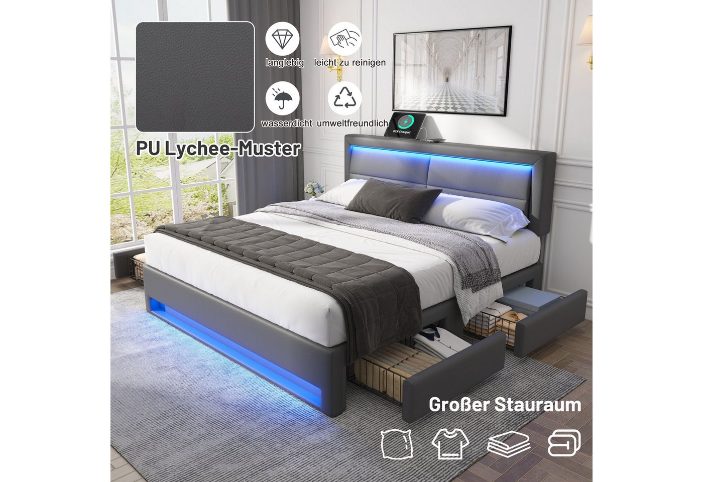 Flieks Polsterbett, LED Doppelbett 140x200cm mit USB-Anschluss und 4 Schubladen – Bild 4 von 5