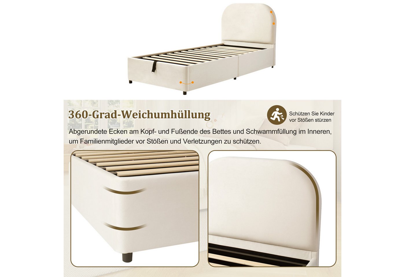Flieks Polsterbett, Hydraulisches Stauraumbett Kinderbett 90x200cm gepolstertes Kopfteil – Bild 5 von 5