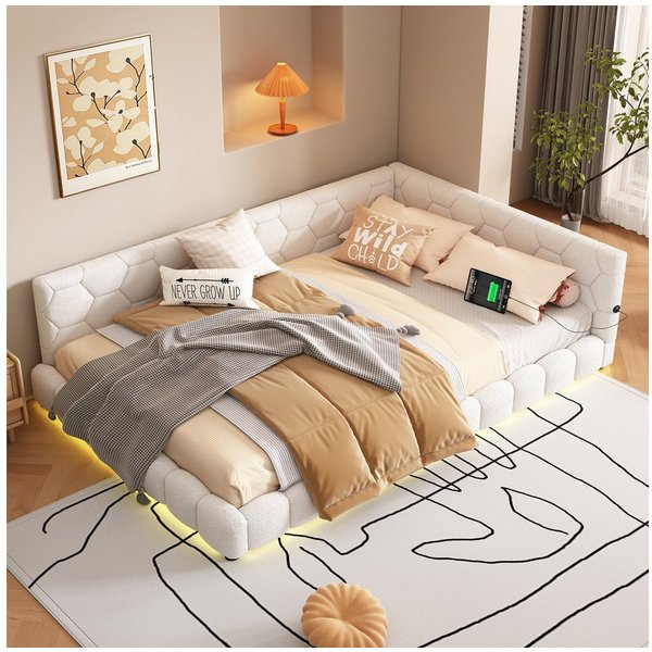 Flieks Polsterbett, LED Doppelbett Daybett Tagesbett Samt 140x200cm mit USB-Anschluss