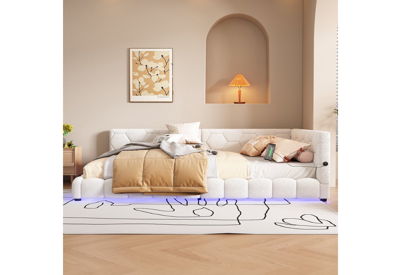 Flieks Polsterbett, LED Doppelbett Daybett Tagesbett Samt 140x200cm mit USB-Anschluss – Bild 2 von 5