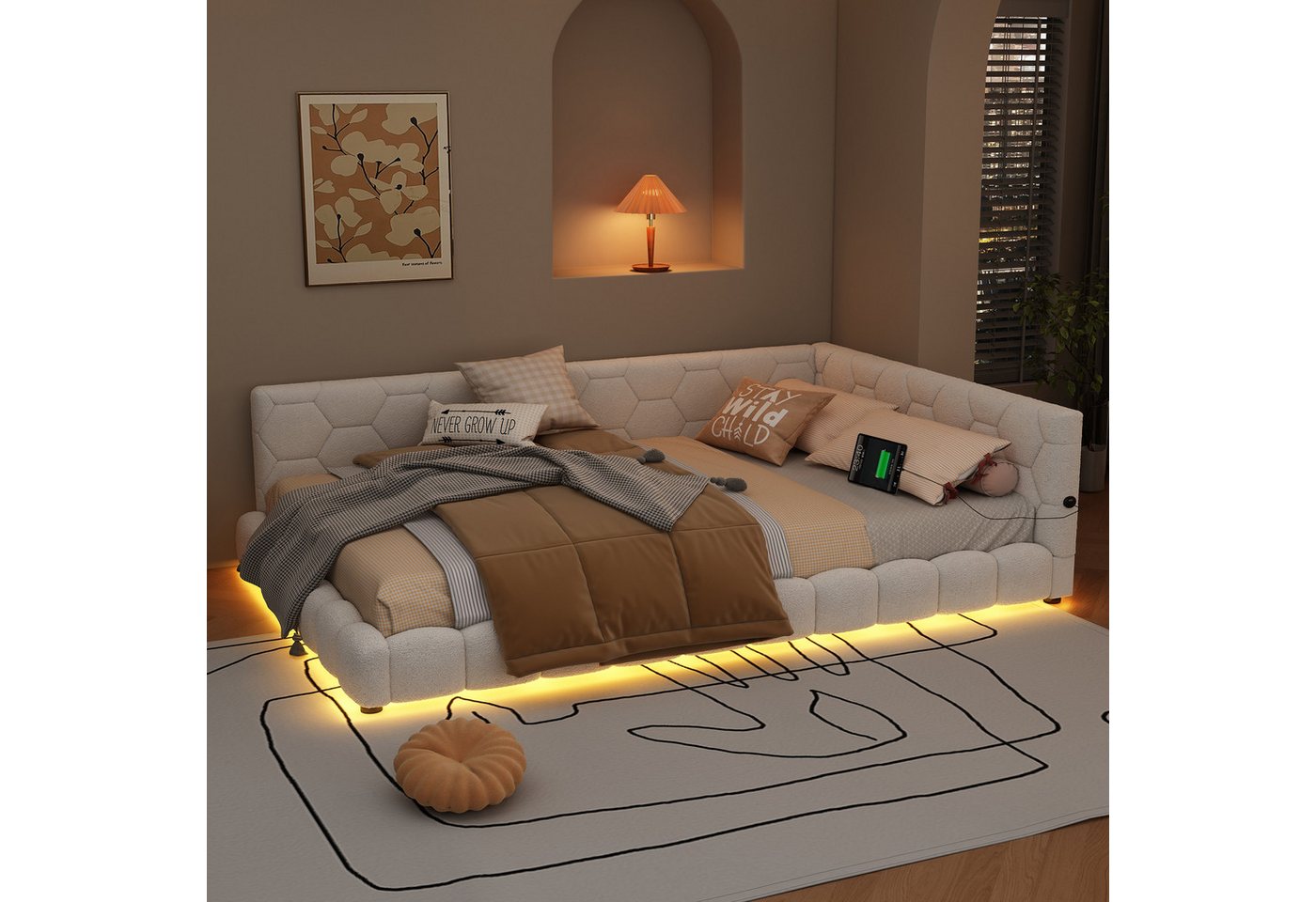 Flieks Polsterbett, LED Doppelbett Daybett Tagesbett Samt 140x200cm mit USB-Anschluss – Bild 3 von 5
