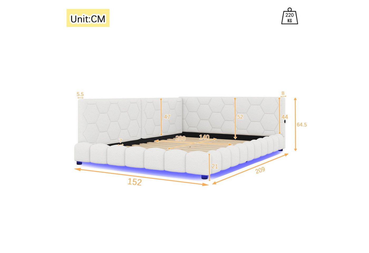 Flieks Polsterbett, LED Doppelbett Daybett Tagesbett Samt 140x200cm mit USB-Anschluss – Bild 5 von 5