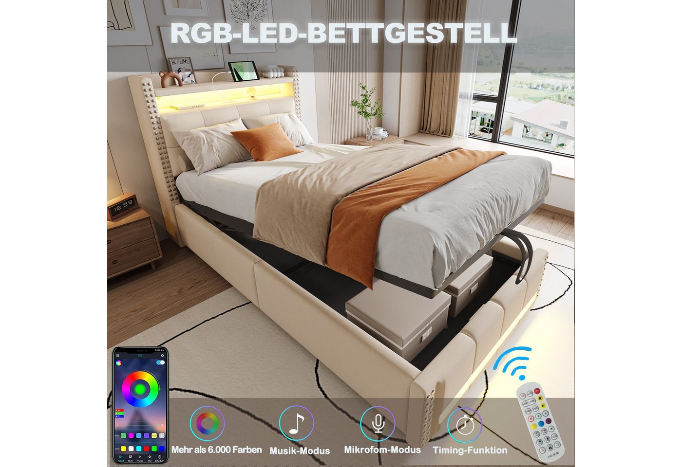 Flieks Polsterbett, LED Hydraulisches Stauraumbett Einzelbett 90x200cm mit USB-Aufladen – Bild 4 von 5