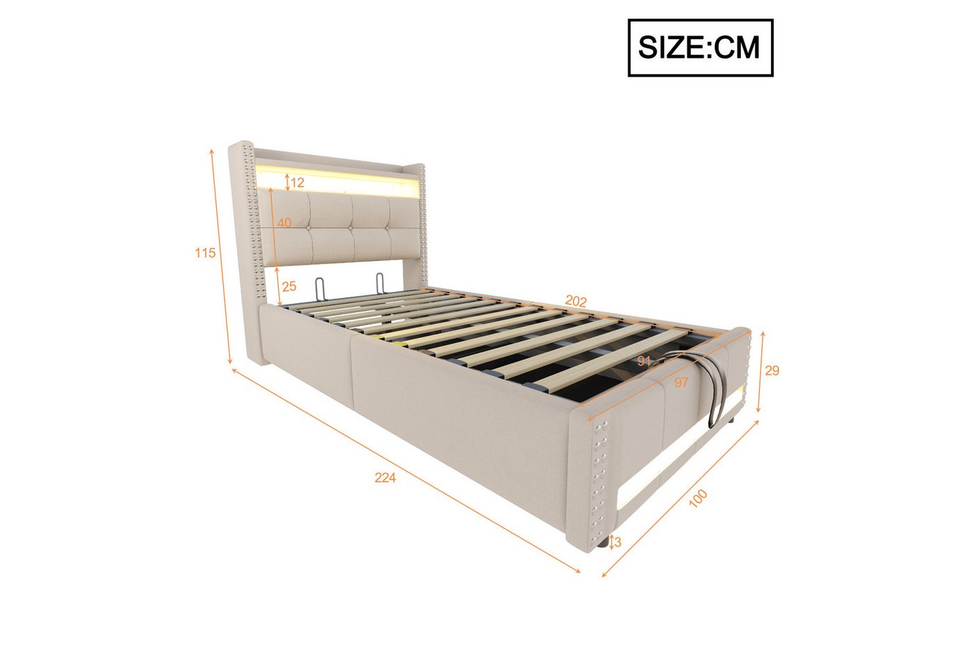 Flieks Polsterbett, LED Hydraulisches Stauraumbett Einzelbett 90x200cm mit USB-Aufladen – Bild 5 von 5