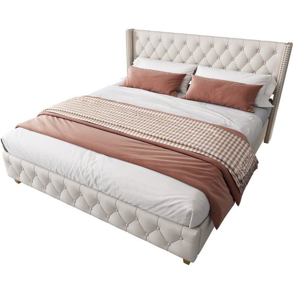 Flieks Polsterbett, Massivholz Doppelbett 160x200cm mit Lattenrost und Polster-Kopfteil