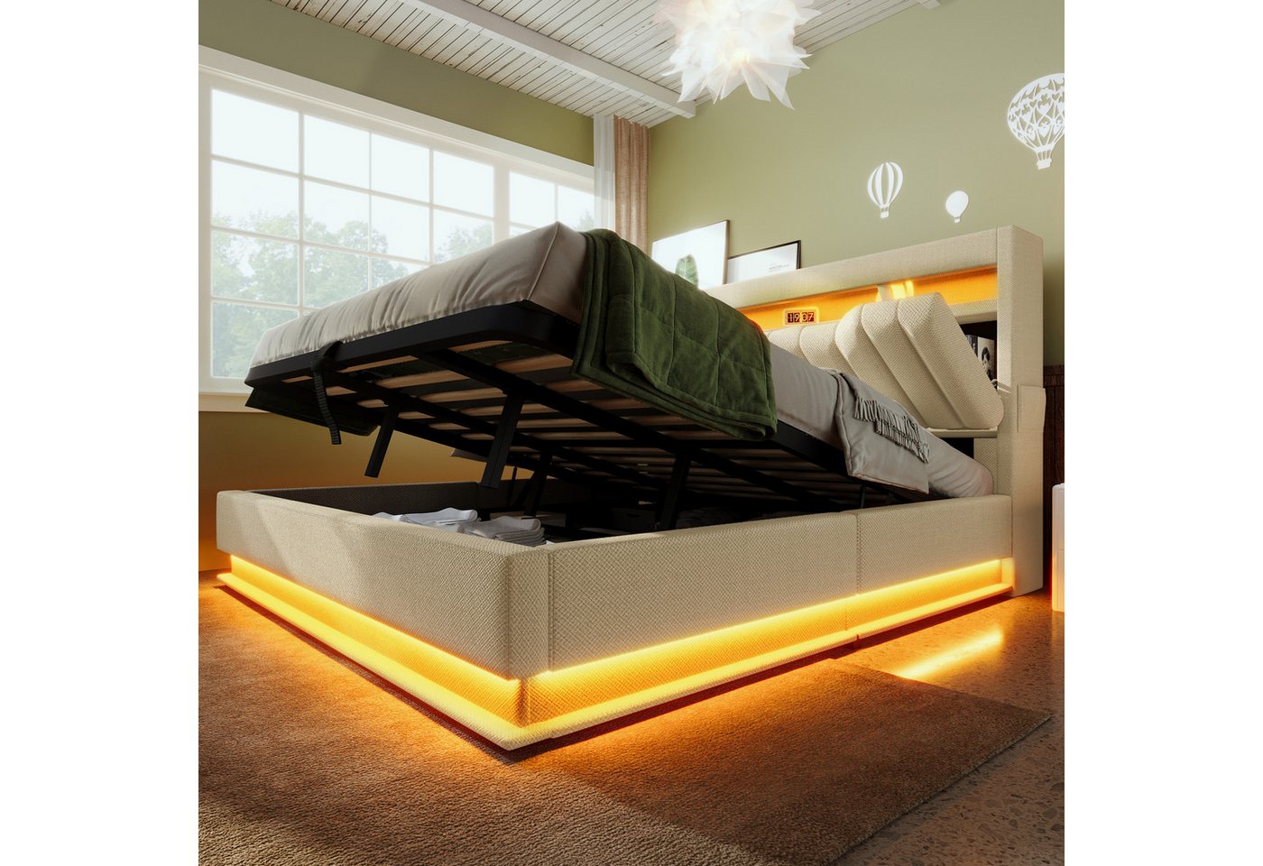 Flieks Polsterbett, hydraulisches Stauraumbett 160x200cm mit LED und Ladefunktion – Bild 2 von 5