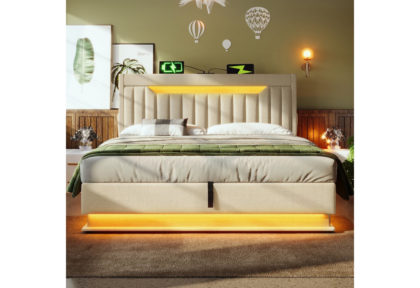 Flieks Polsterbett, hydraulisches Stauraumbett 160x200cm mit LED und Ladefunktion – Bild 3 von 5