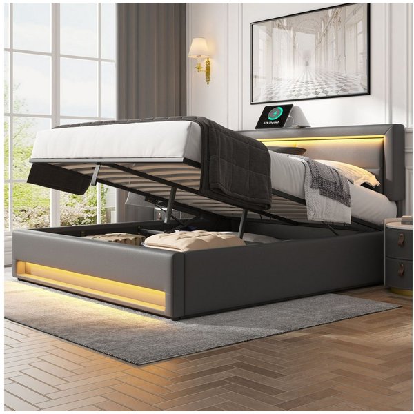 Flieks Polsterbett, LED Doppelbett 140x200cm mit USB-Anschluss und hydraulischem Stauraum