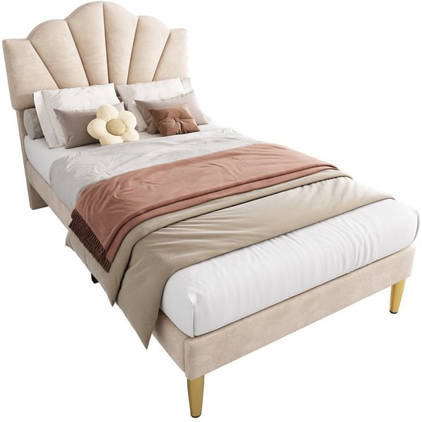 Flieks Polsterbett, Samt Einzelbett mit höhenverstellbarem Muschel-Form-Kopfteil 90x200cm