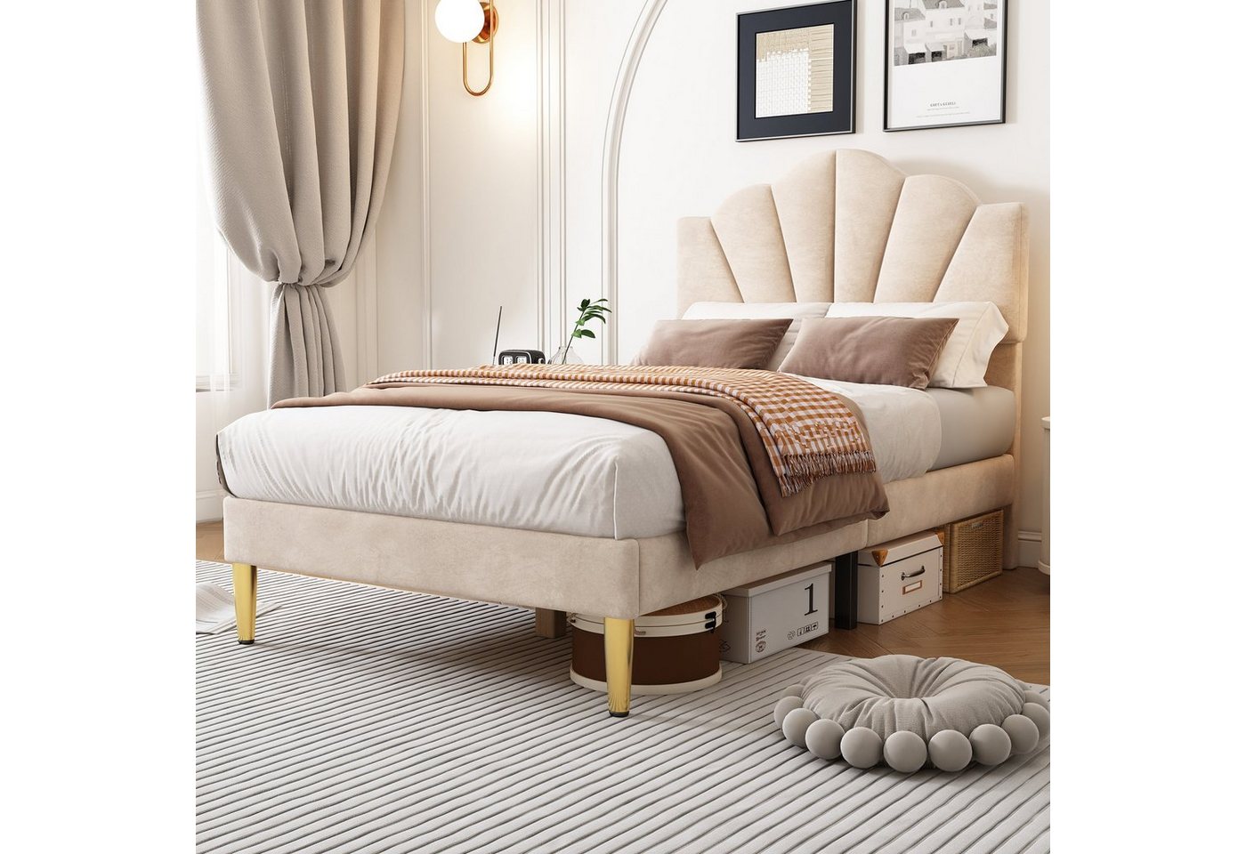 Flieks Polsterbett, Samt Einzelbett mit höhenverstellbarem Muschel-Form-Kopfteil 90x200cm – Bild 3 von 5