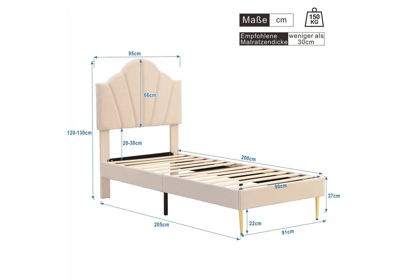 Flieks Polsterbett, Samt Einzelbett mit höhenverstellbarem Muschel-Form-Kopfteil 90x200cm – Bild 4 von 5