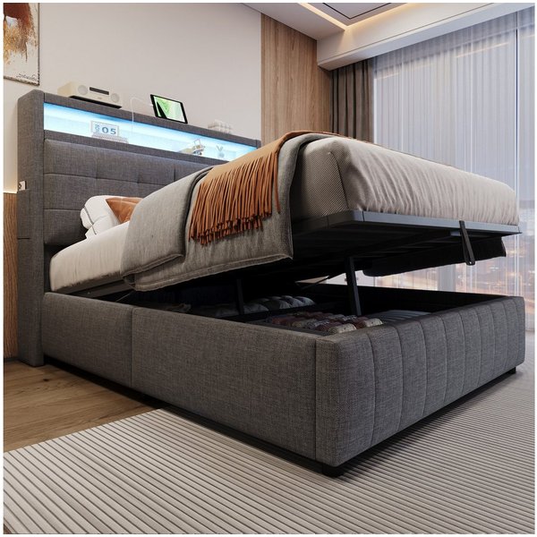 Flieks Polsterbett, LED hydraulisches Doppelbett 140x200cm mit USB-Aufladen & Ablagefach