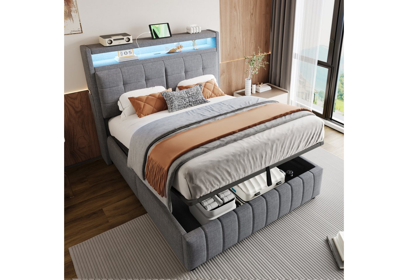 Flieks Polsterbett, LED hydraulisches Doppelbett 140x200cm mit USB-Aufladen & Ablagefach – Bild 2 von 5