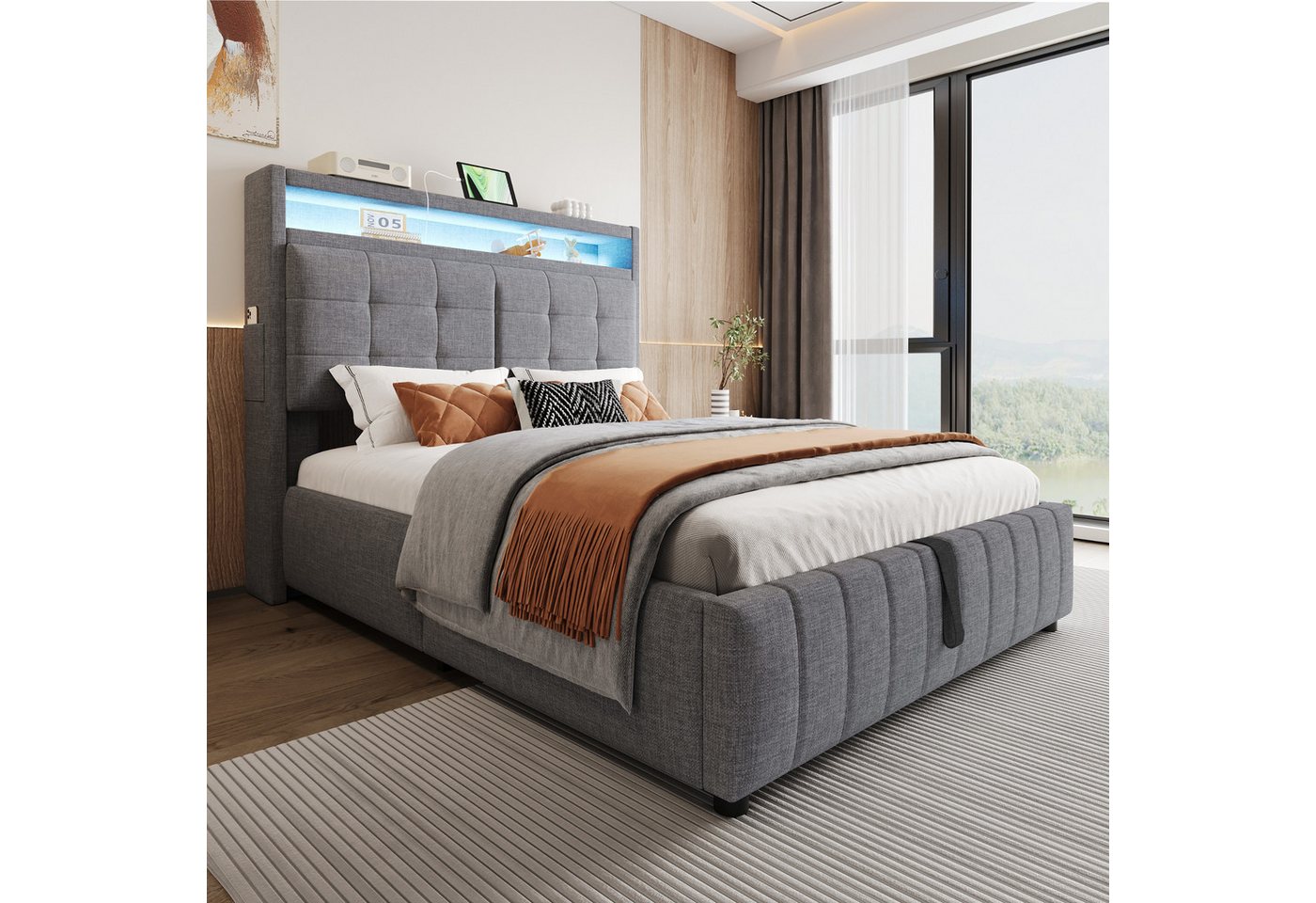 Flieks Polsterbett, LED hydraulisches Doppelbett 140x200cm mit USB-Aufladen & Ablagefach – Bild 3 von 5