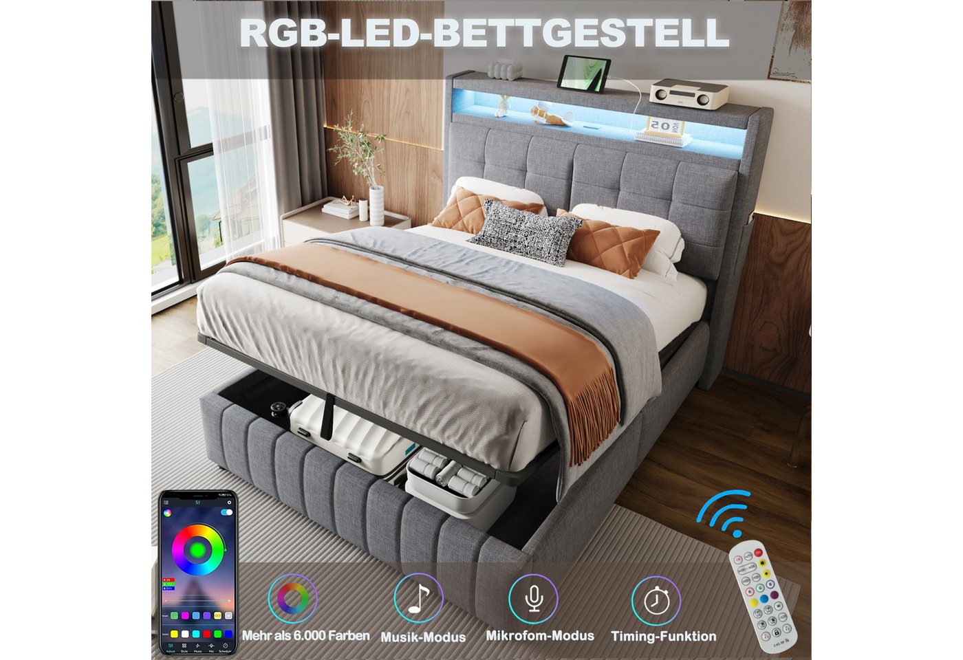 Flieks Polsterbett, LED hydraulisches Doppelbett 140x200cm mit USB-Aufladen & Ablagefach – Bild 4 von 5