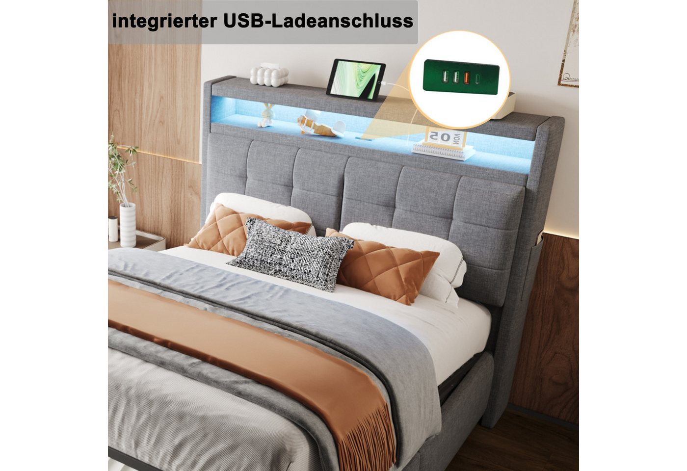 Flieks Polsterbett, LED hydraulisches Doppelbett 140x200cm mit USB-Aufladen & Ablagefach – Bild 5 von 5