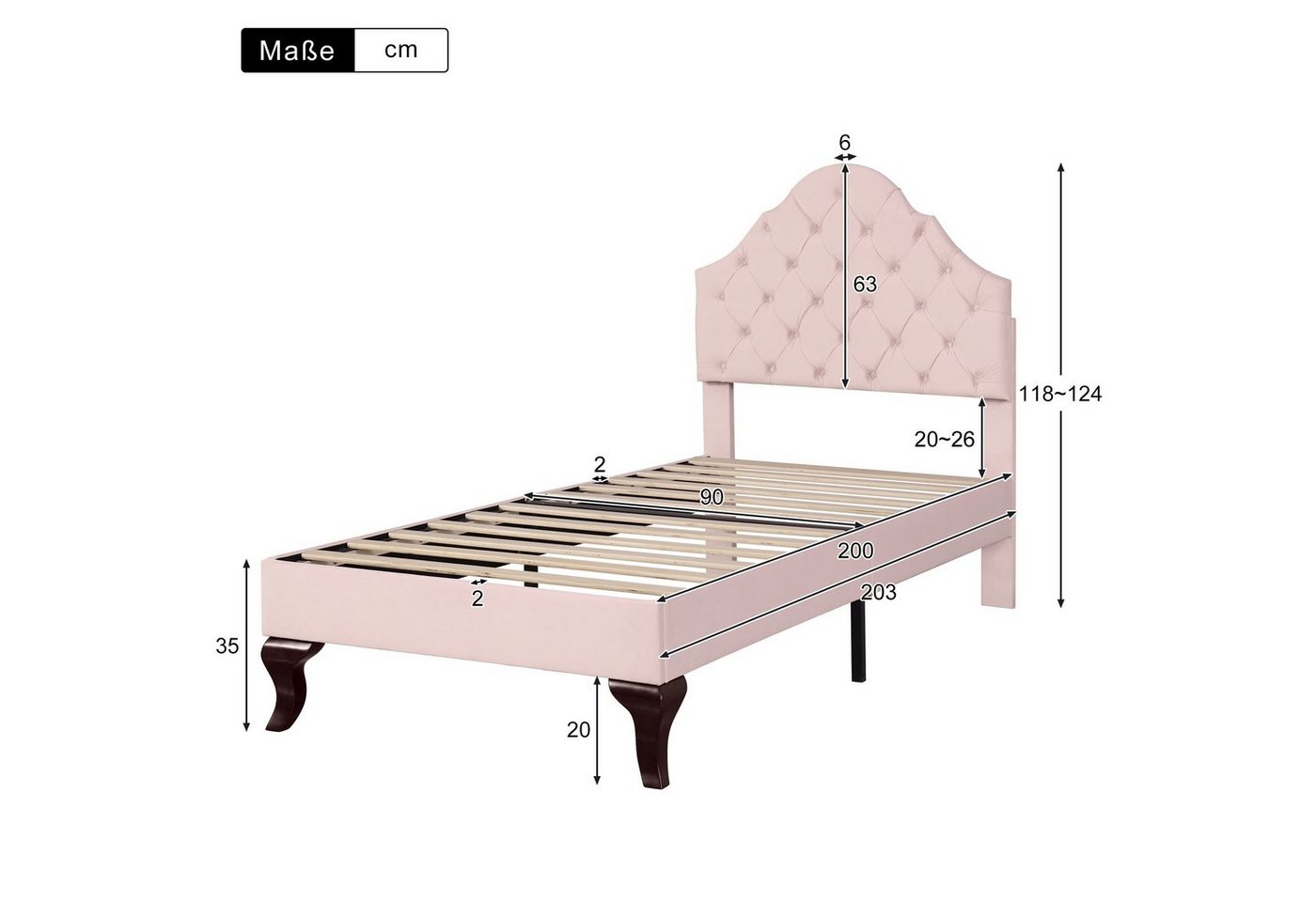 Flieks Polsterbett, Samt Einzelbett mit höhenverstellbarem Kopfteil 90x200cm – Bild 4 von 5