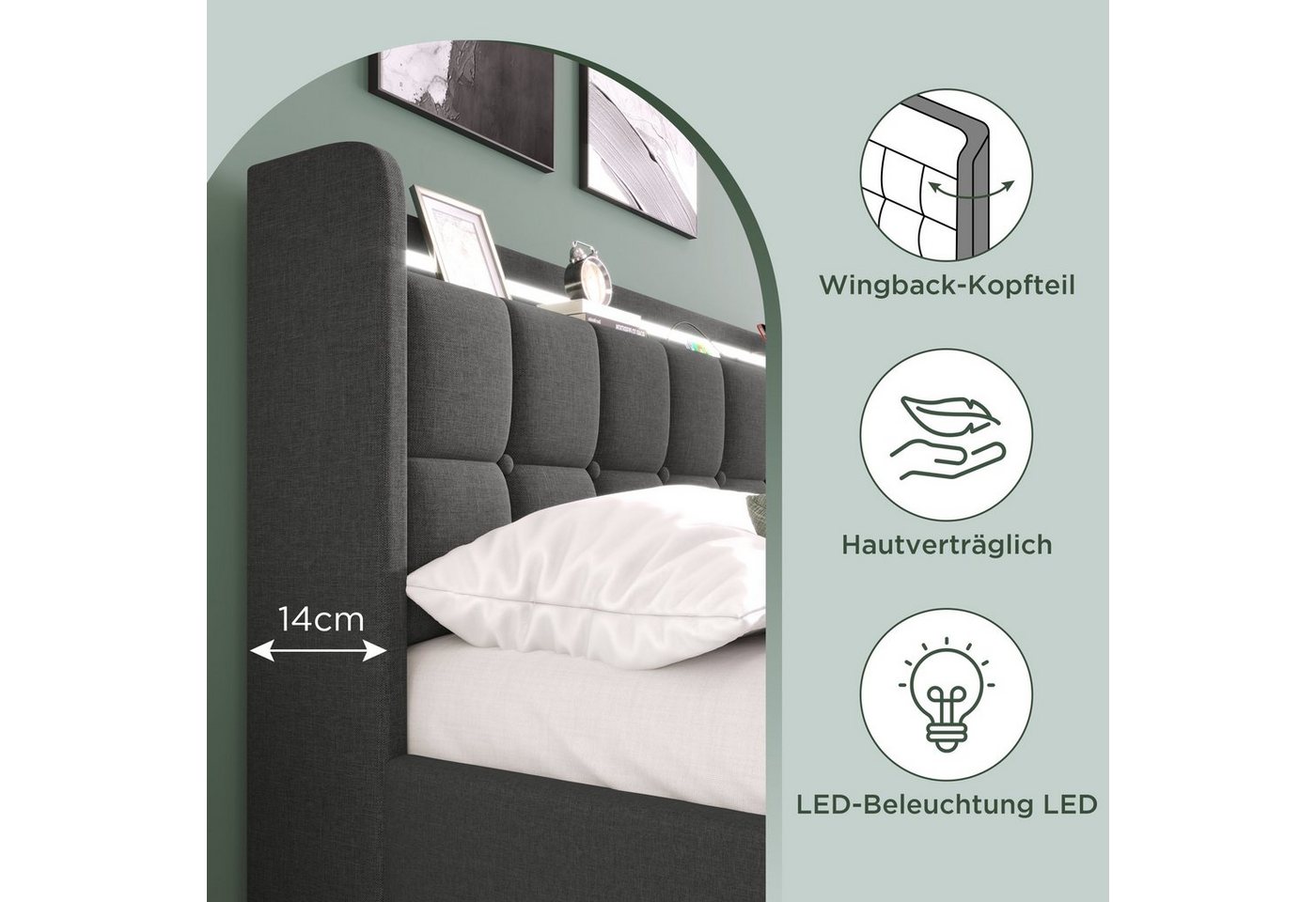 Flieks Polsterbett, LED-Beleuchtung Doppelbett 160x200cm mit Ladefunktion und 4 Schubladen – Bild 3 von 5