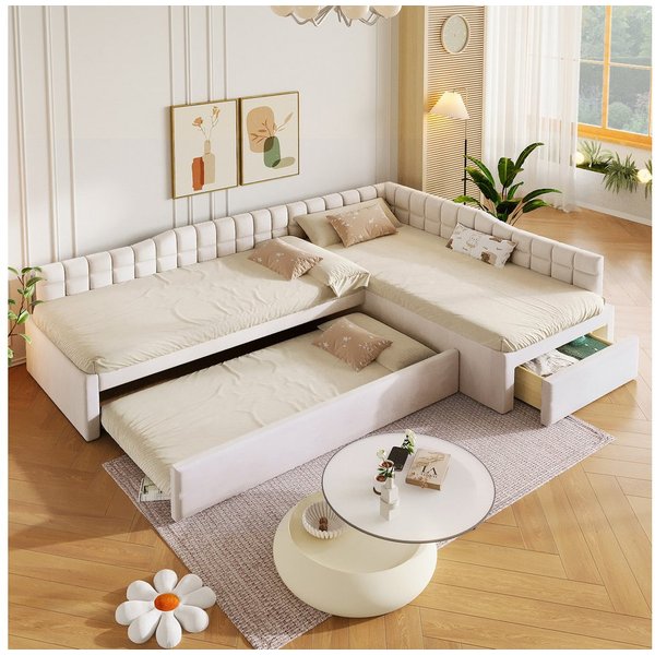 Flieks Polsterbett, L-förmiges Kinderbett 90x200cm mit Ausziehbett 90x190cm & Schublade*1
