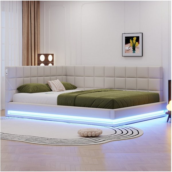 Flieks Polsterbett, Leinen Daybett Tagesbett Schlafsofa 160x200cm mit LED und USB Aufladen