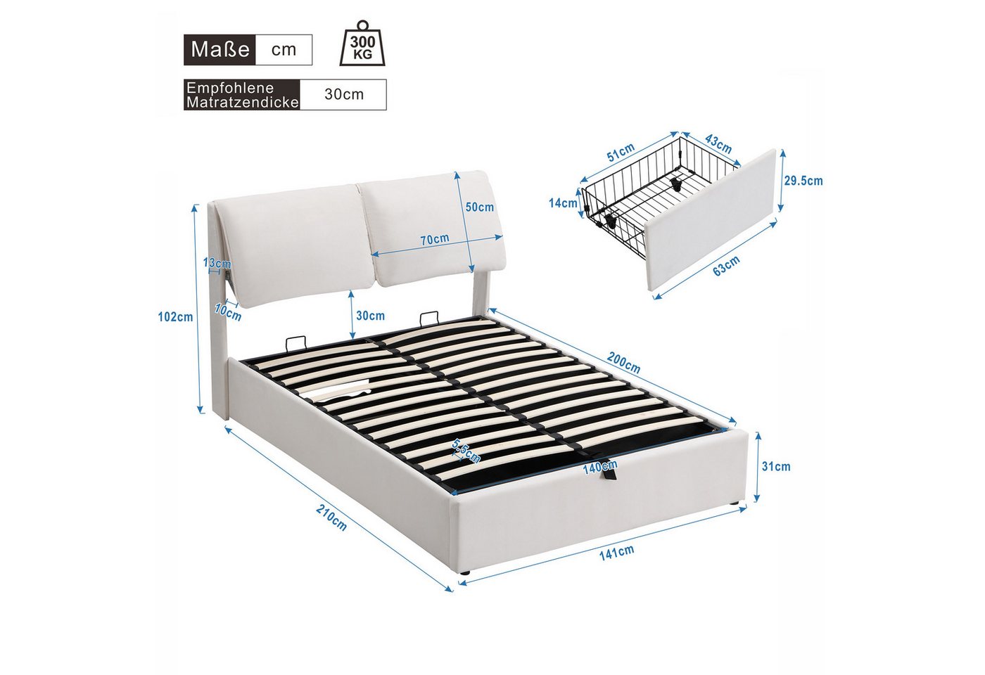 Flieks Polsterbett, Hydraulisches Stauraumbett Doppelbett 140x200cm Samt mit 3 Schubladen – Bild 5 von 5