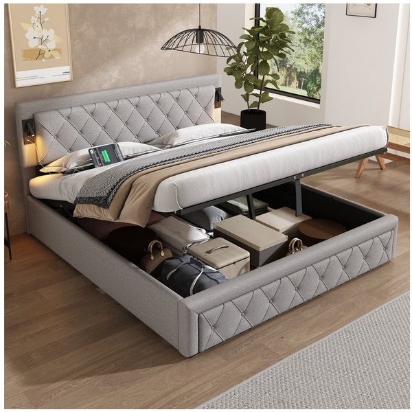 Flieks Polsterbett, Hydraulisches Doppelbett 180x200cm mit Downlight & USB-Schnittstelle
