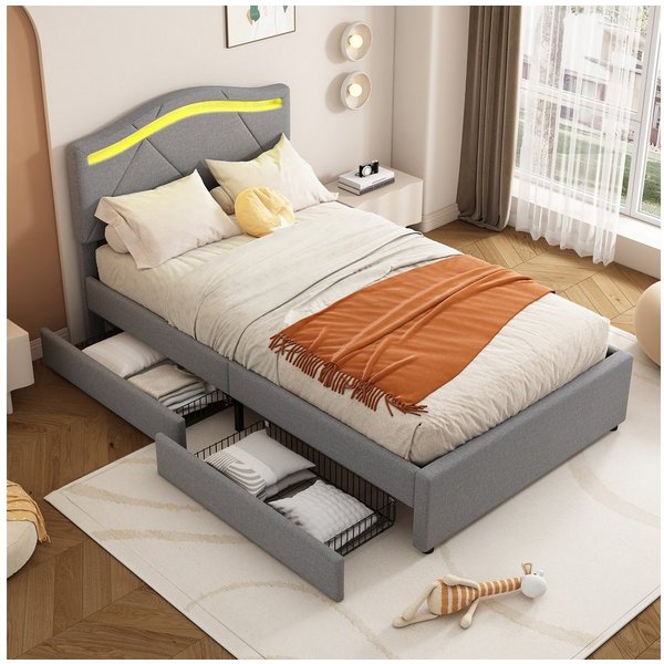 Flieks Polsterbett, LED Einzelbett 90x200cm mit 2 Schubladen und verstellbarem Kopfteil