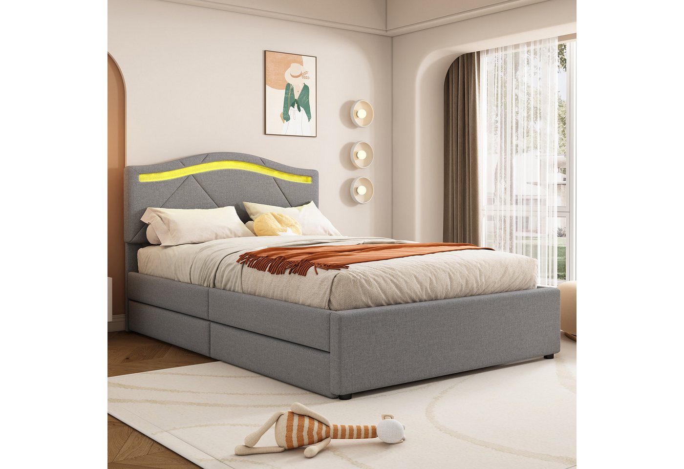 Flieks Polsterbett, LED Einzelbett 90x200cm mit 2 Schubladen und verstellbarem Kopfteil – Bild 2 von 5
