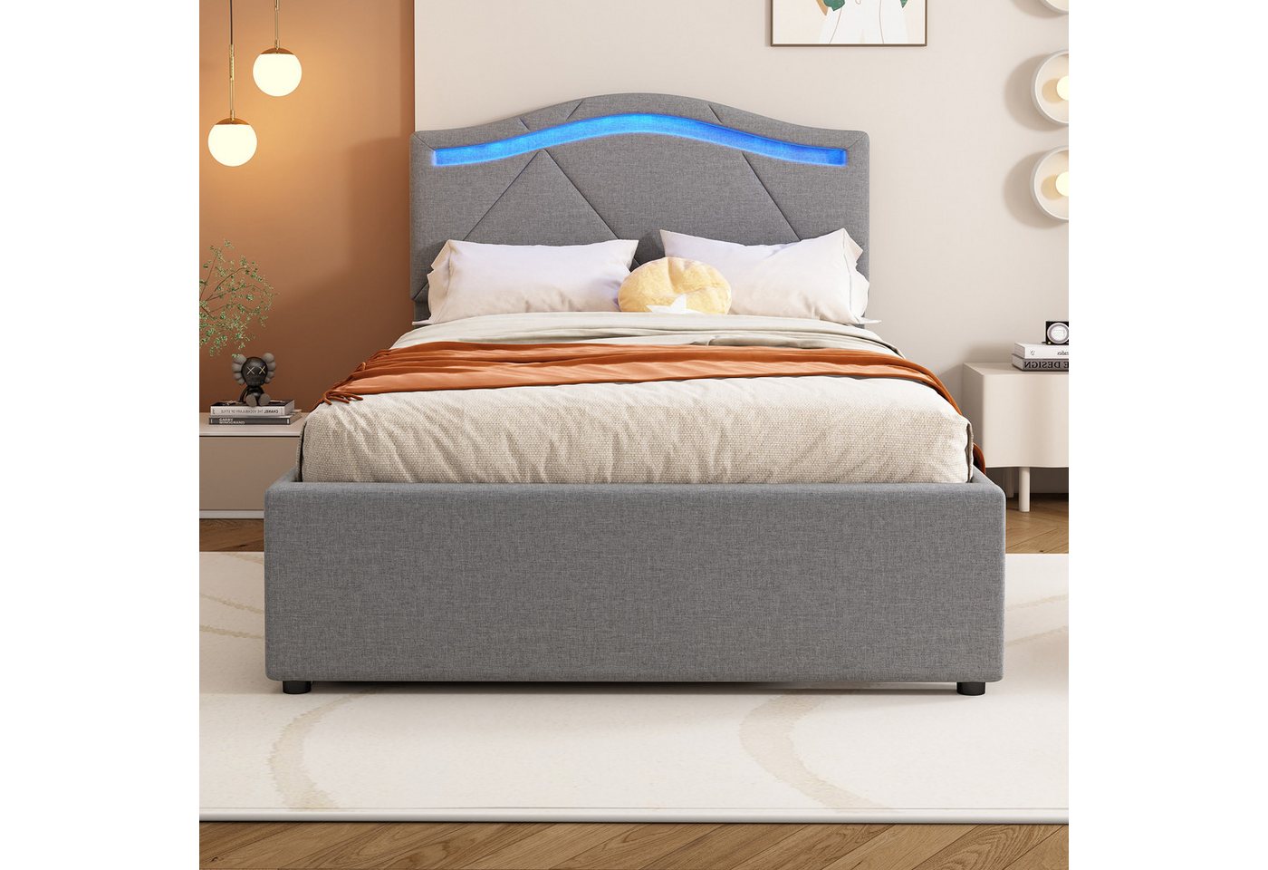 Flieks Polsterbett, LED Einzelbett 90x200cm mit 2 Schubladen und verstellbarem Kopfteil – Bild 3 von 5
