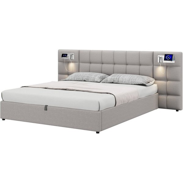 Flieks Polsterbett, Doppelbett 180x200cm mit hydraulischem Stauraum Leselicht Ladefunktion