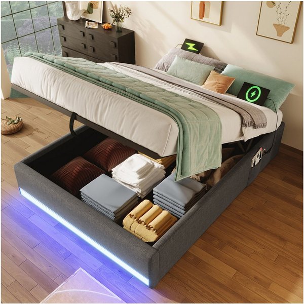 Flieks Polsterbett, Hydraulisches Stauraumbett 90x200cm mit LED & USB/Typ-C ohne Kopfteil