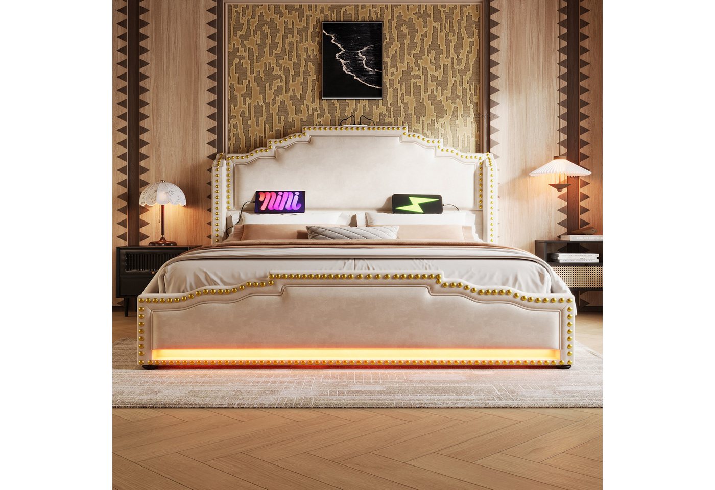Flieks Polsterbett, Doppelbett 140x200cm mit LED-Beleuchtung 4 Schubladen und USB-Aufladen – Bild 3 von 5