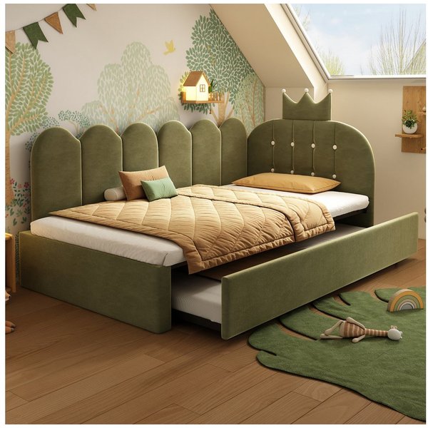 Flieks Polsterbett, Daybett L-Form 90x200cm mit Kronen-Design und Ausziehbett 90x190cm