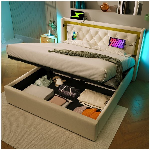 Flieks Polsterbett, Hydraulisches Doppelbett 140x200cm mit Ladefunktion und LED-Beleuchten