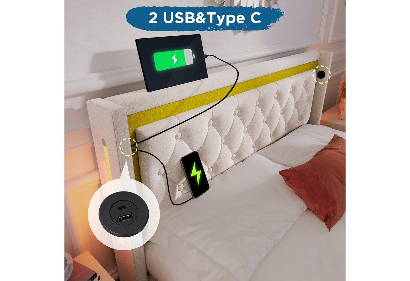 Flieks Polsterbett, Hydraulisches Doppelbett 140x200cm mit Ladefunktion und LED-Beleuchten – Bild 3 von 5