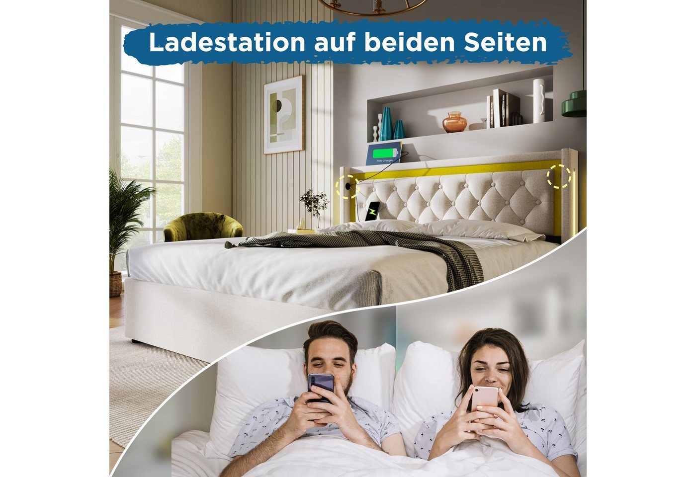 Flieks Polsterbett, Hydraulisches Doppelbett 140x200cm mit Ladefunktion und LED-Beleuchten – Bild 4 von 5