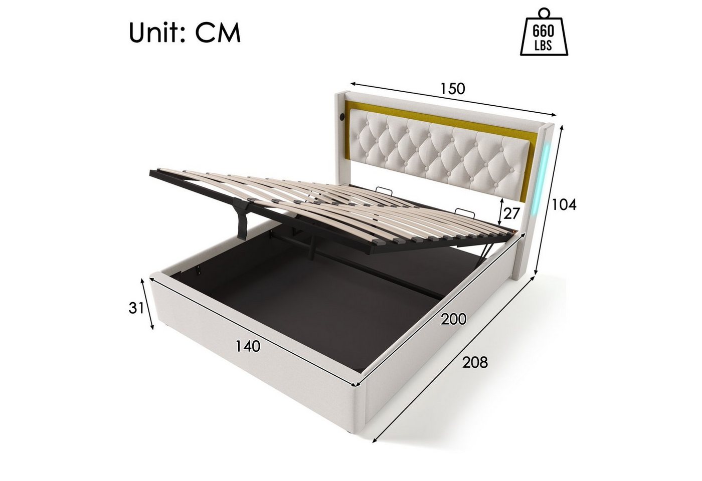 Flieks Polsterbett, Hydraulisches Doppelbett 140x200cm mit Ladefunktion und LED-Beleuchten – Bild 5 von 5