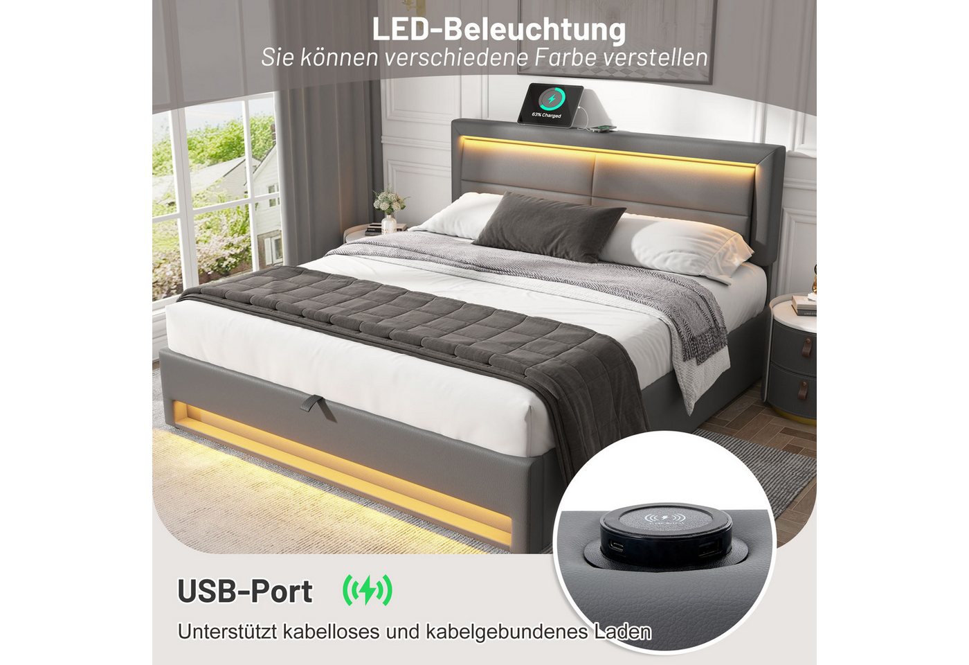 Flieks Polsterbett, LED Doppelbett 160x200cm mit USB-Anschluss und hydraulischem Stauraum – Bild 2 von 5