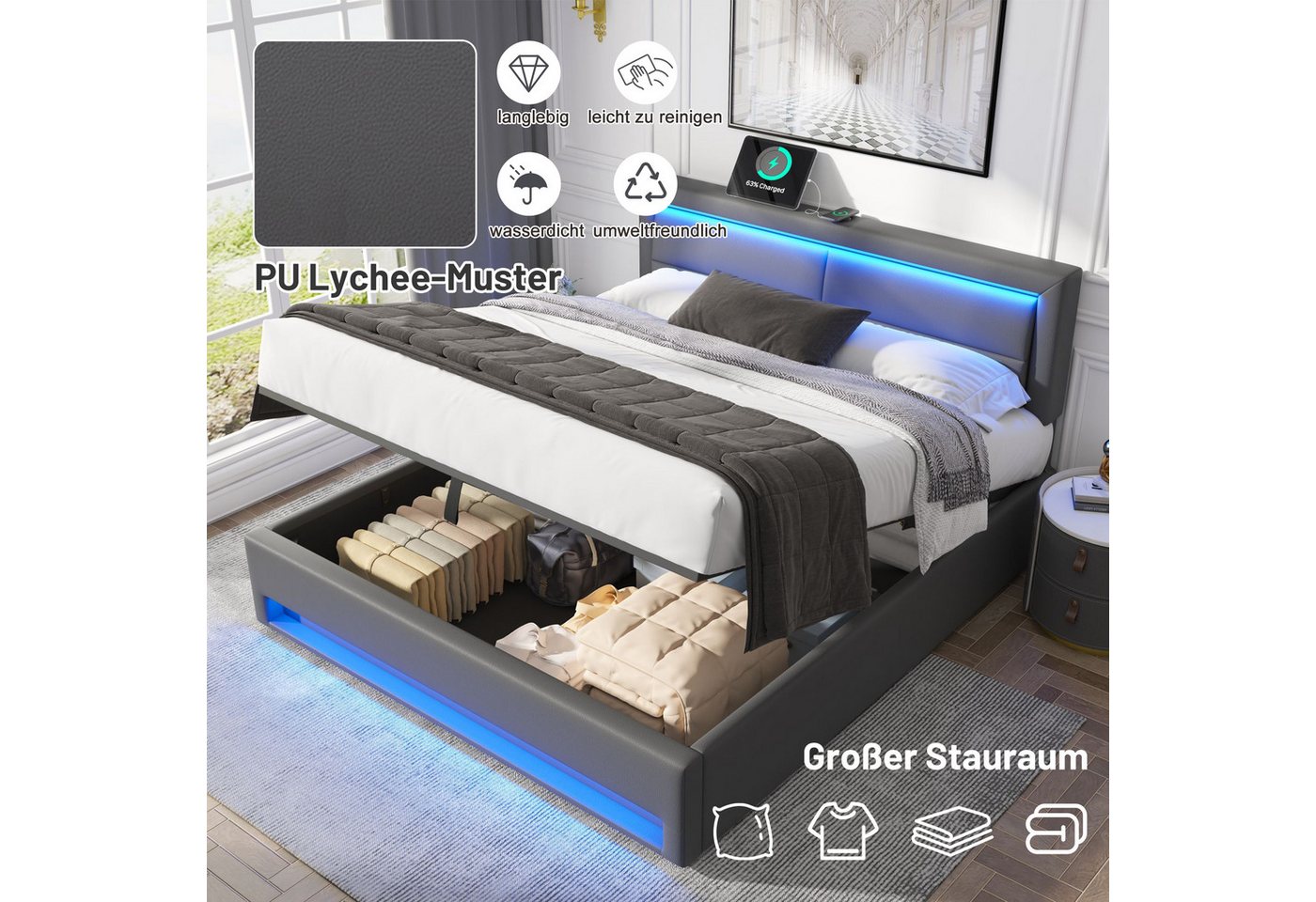Flieks Polsterbett, LED Doppelbett 160x200cm mit USB-Anschluss und hydraulischem Stauraum – Bild 3 von 5