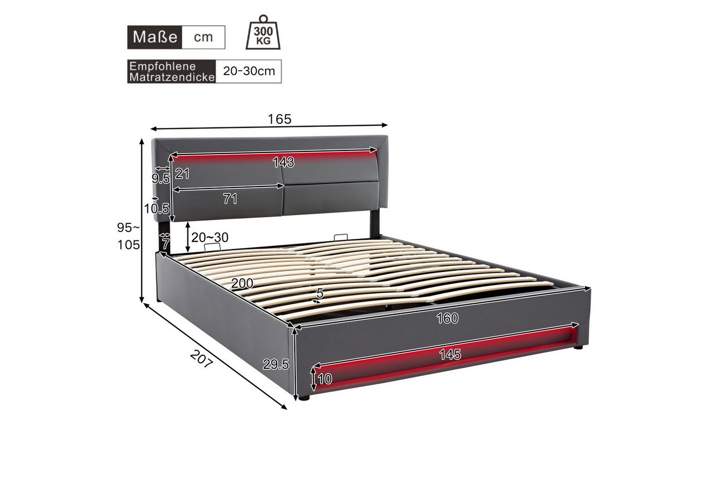 Flieks Polsterbett, LED Doppelbett 160x200cm mit USB-Anschluss und hydraulischem Stauraum – Bild 4 von 5