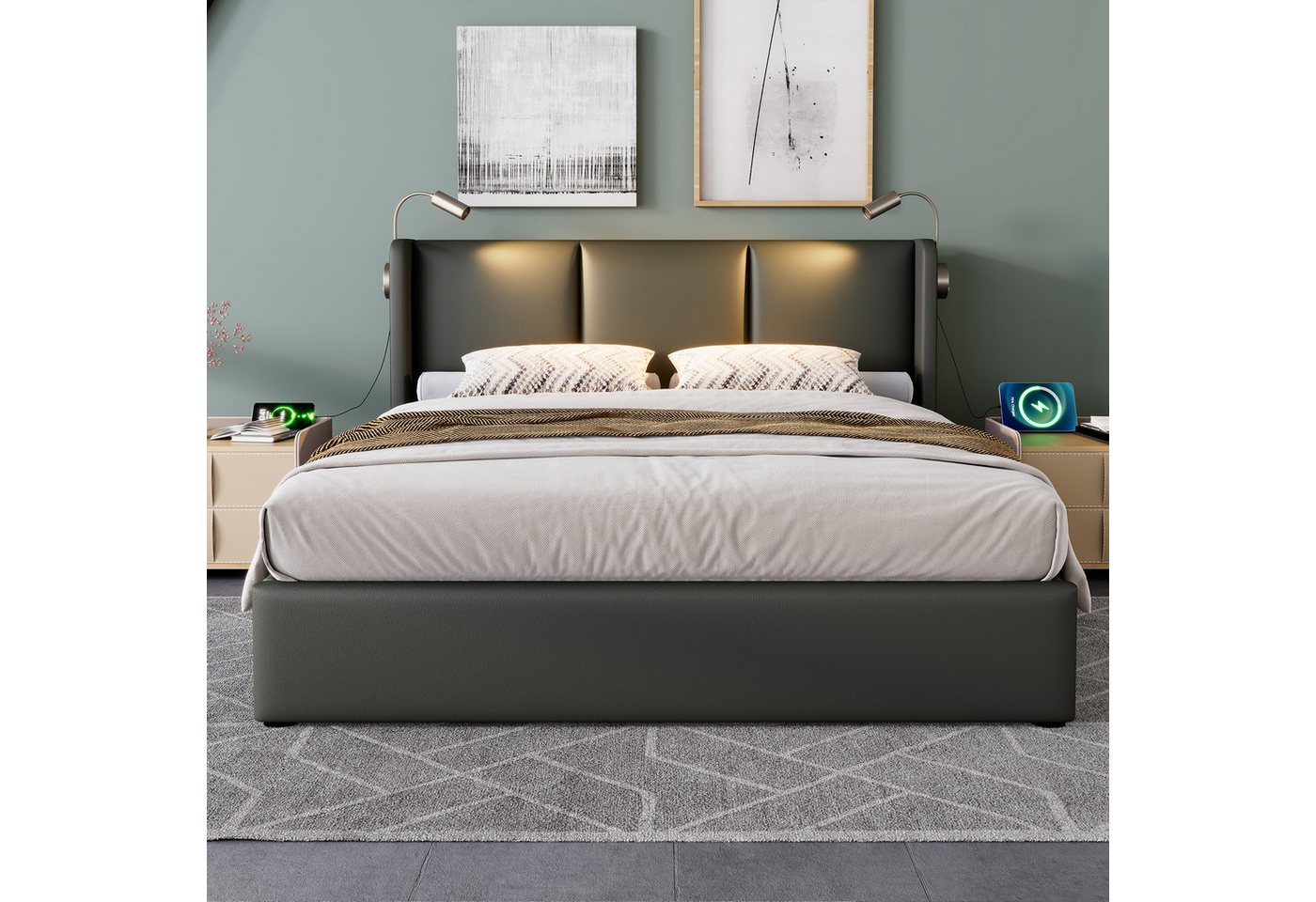 Flieks Polsterbett, Kunstleder Hydraulisches Stauraumbett Leselicht 180x200cm – Bild 3 von 5