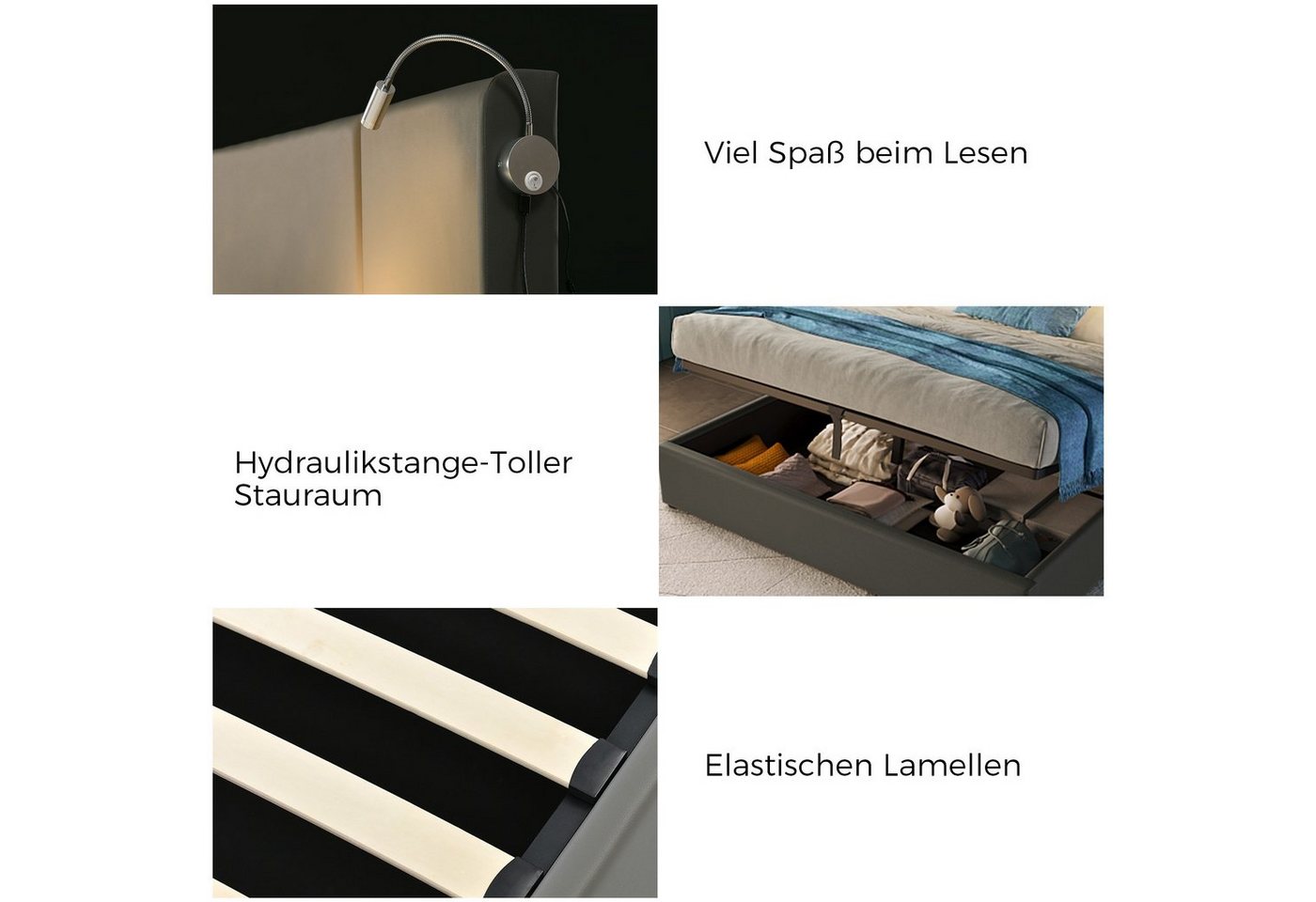 Flieks Polsterbett, Kunstleder Hydraulisches Stauraumbett Leselicht 180x200cm – Bild 5 von 5