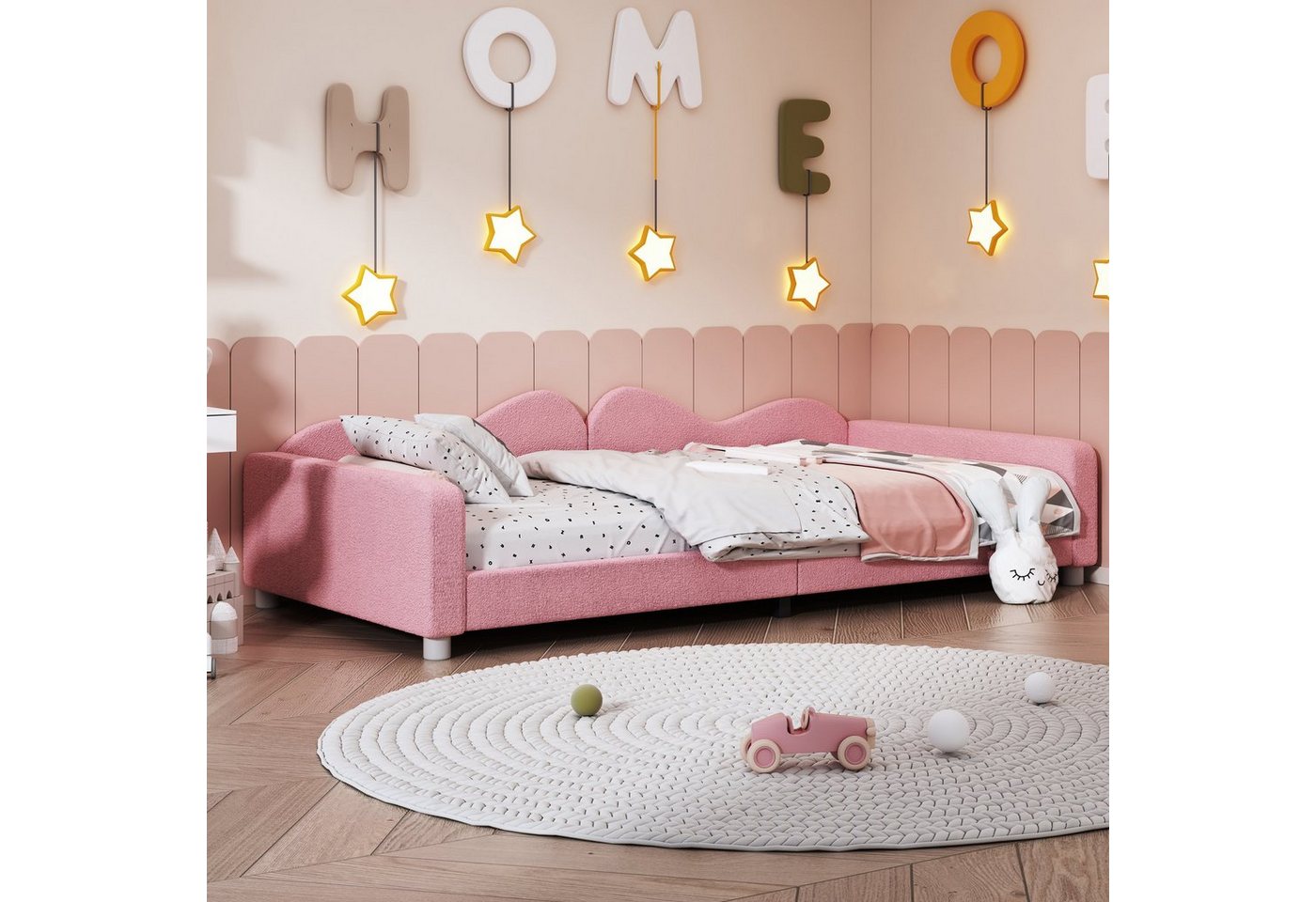 Flieks Polsterbett, Teddy-Samt Kinderbett Einzelbett Schlafsofa mit Lattenrost 90x200cm – Bild 2 von 5