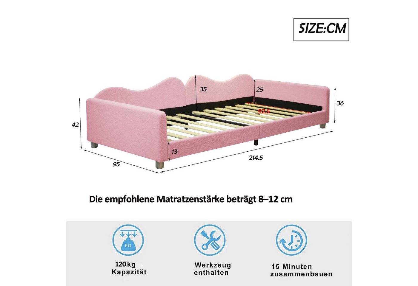 Flieks Polsterbett, Teddy-Samt Kinderbett Einzelbett Schlafsofa mit Lattenrost 90x200cm – Bild 3 von 5
