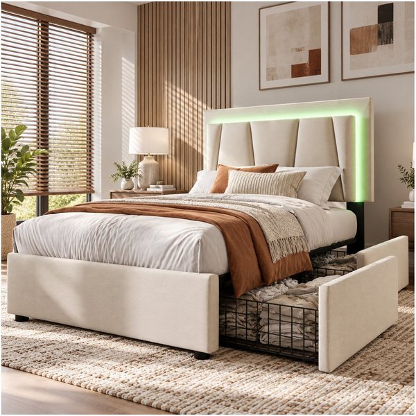Flieks Polsterbett, LED-Beleuchtung Einzelbett 90x200cm mit 2 Schubladen