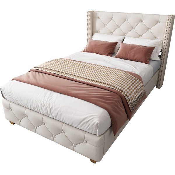 Flieks Polsterbett, Massivholz Einzelbett 90x200cm mit Lattenrost und Polster-Kopfteil