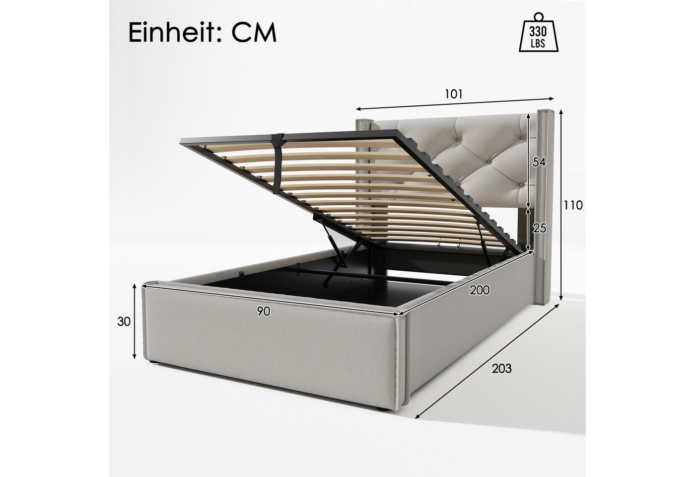 Flieks Polsterbett, Hydraulisches Einzelbett Funktionsbett Baumwolle 90x200cm – Bild 3 von 5