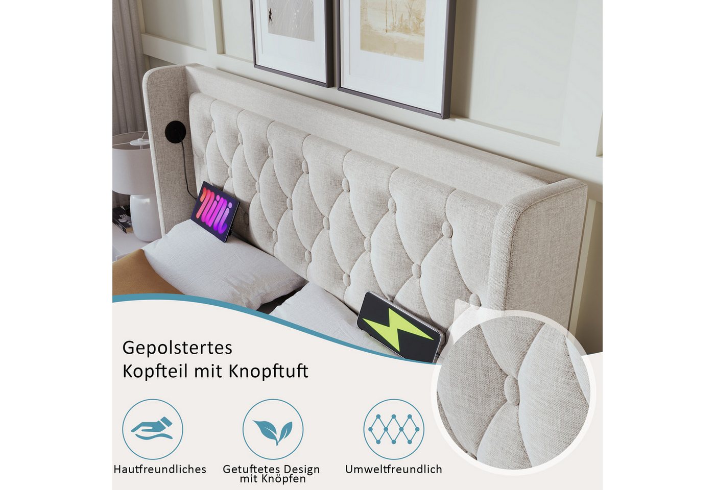 Flieks Polsterbett, LED Hydraulisches Stauraumbett Doppelbett 140x200cm mit Ladefunktion – Bild 4 von 5