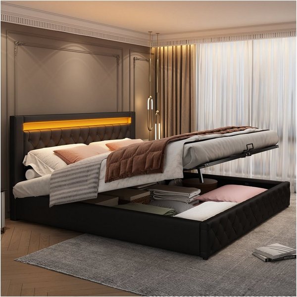 Flieks Polsterbett, LED-Beleuchtung Kunstleder Doppelbett Stauraum 140x200cm